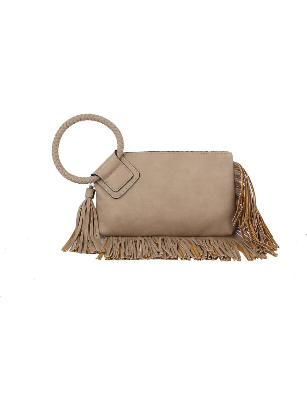 Women Taupe Fringe Leather Formal Purse Wristlet Wallet Casual Evening Handbag